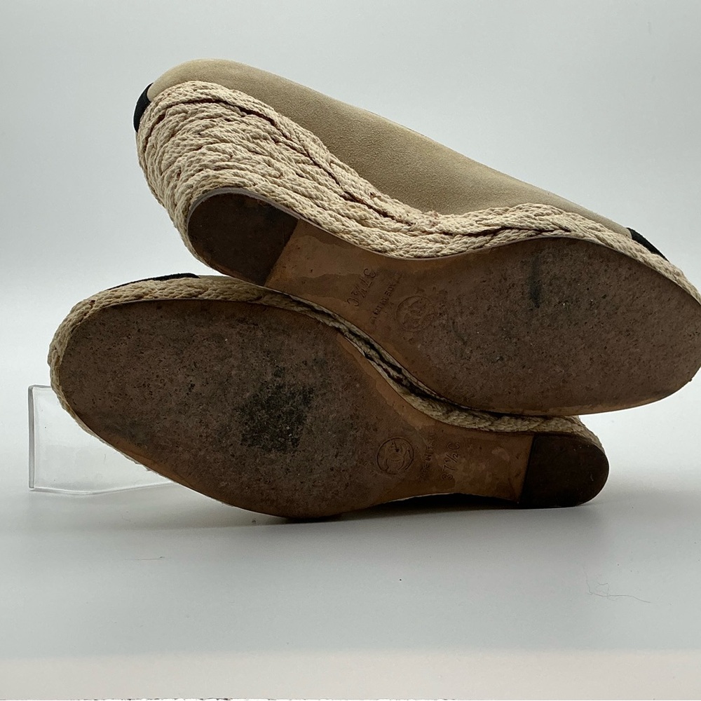 CHANEL Beige Suede Espadrille Wedges with Black Cap Toe and CC Logo - Picture 8 of 9